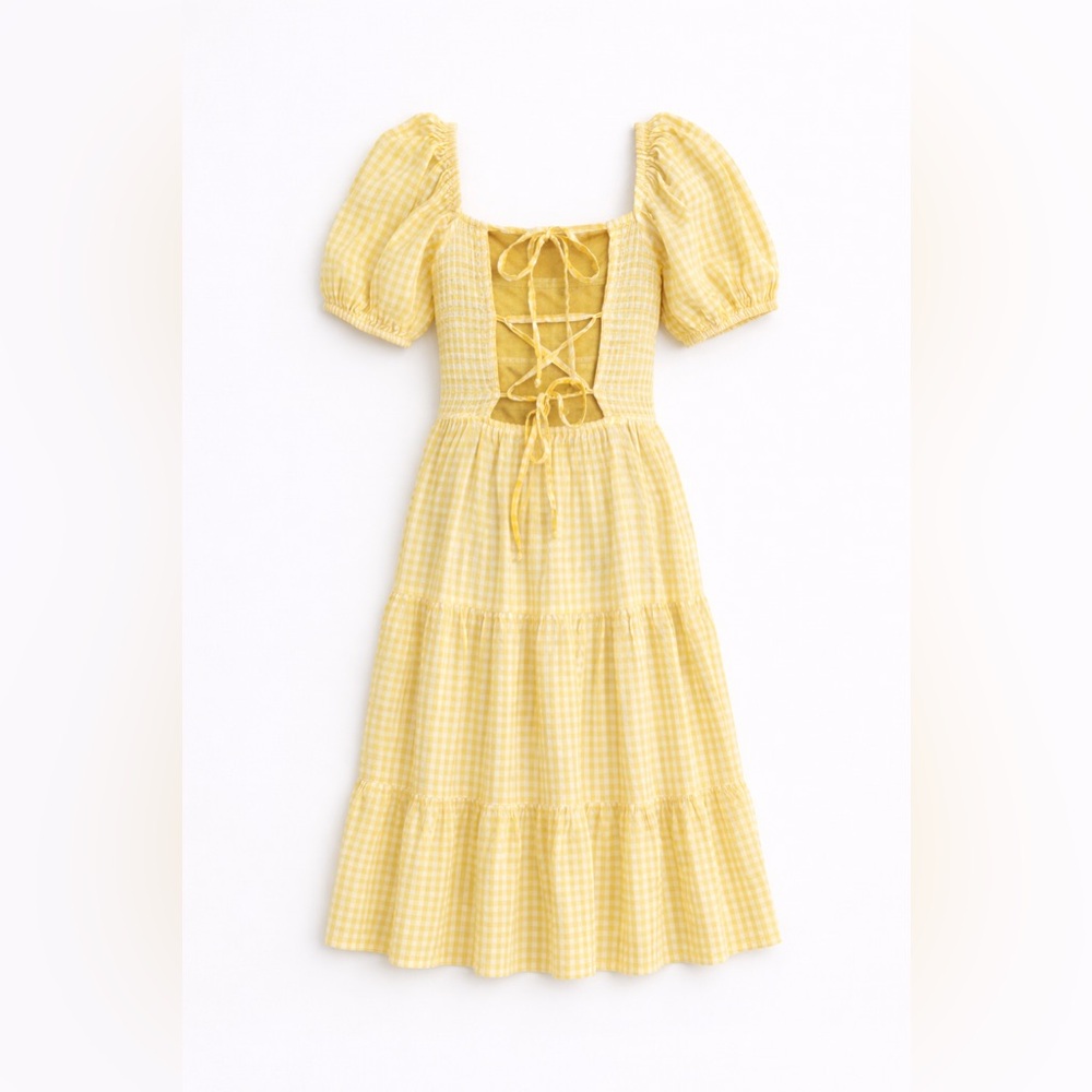 NWT Yellow Gingham Smocked Midi Dress Puff Sleeve Cottagecore Resort Vacation M - Picture 8 of 17